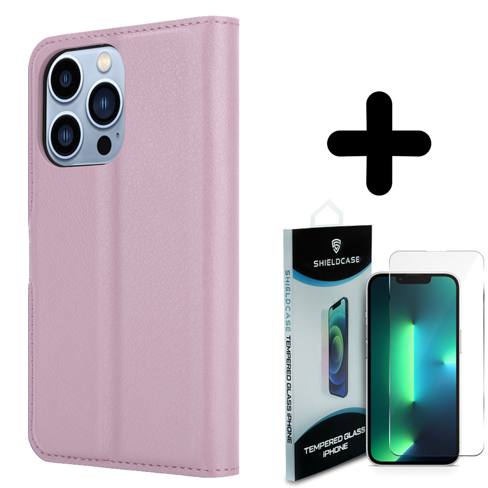 Shieldcase ShieldCase geschikt voor iPhone 14 Pro wallet case (lichtroze) + ShieldCase screenprotector - beschermglas iPhone bescherming - iPhone case bescherm hoesje + Screenprotector