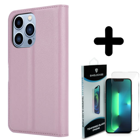 Shieldcase ShieldCase geschikt voor iPhone 14 Pro wallet case (lichtroze) + ShieldCase screenprotector - beschermglas iPhone bescherming - iPhone case bescherm hoesje + Screenprotector
