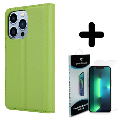 Shieldcase ShieldCase geschikt voor iPhone 14 Pro wallet case (groen) + ShieldCase screenprotector - beschermglas iPhone bescherming - iPhone case bescherm hoesje + Screenprotector