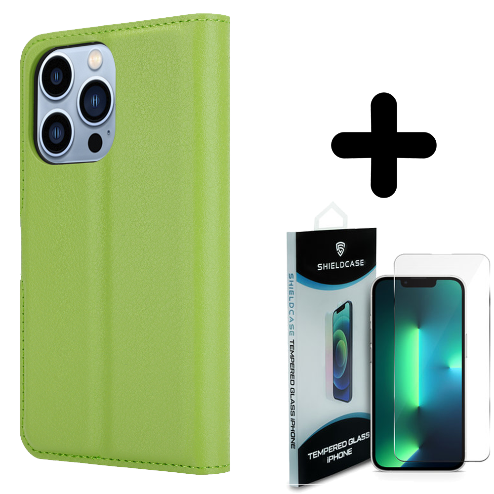 Shieldcase ShieldCase geschikt voor iPhone 14 Pro Max wallet case (groen) + ShieldCase screenprotector - beschermglas iPhone bescherming - iPhone case bescherm hoesje + Screenprotector