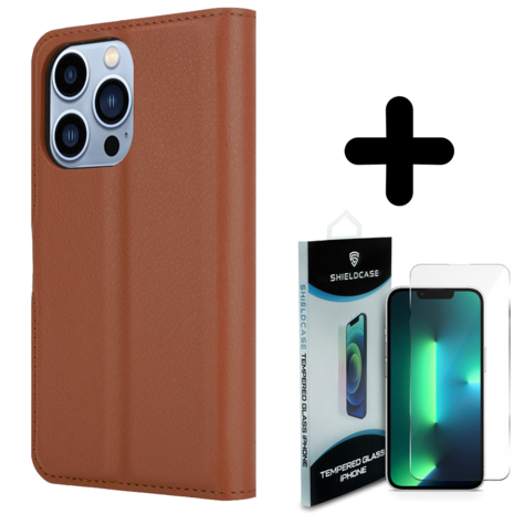 Shieldcase ShieldCase geschikt voor iPhone 14 Pro wallet case (bruin) + ShieldCase screenprotector - beschermglas iPhone bescherming - iPhone case bescherm hoesje + Screenprotector