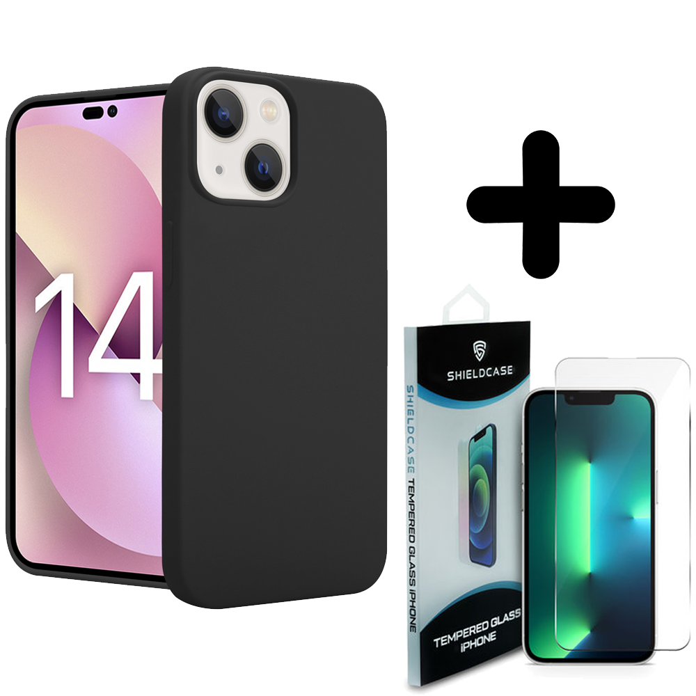 Shieldcase ShieldCase geschikt voor iPhone 14 silicone case (zwart) + ShieldCase screenprotector - beschermglas iPhone bescherming - iPhone case bescherm hoesje + Screenprotector