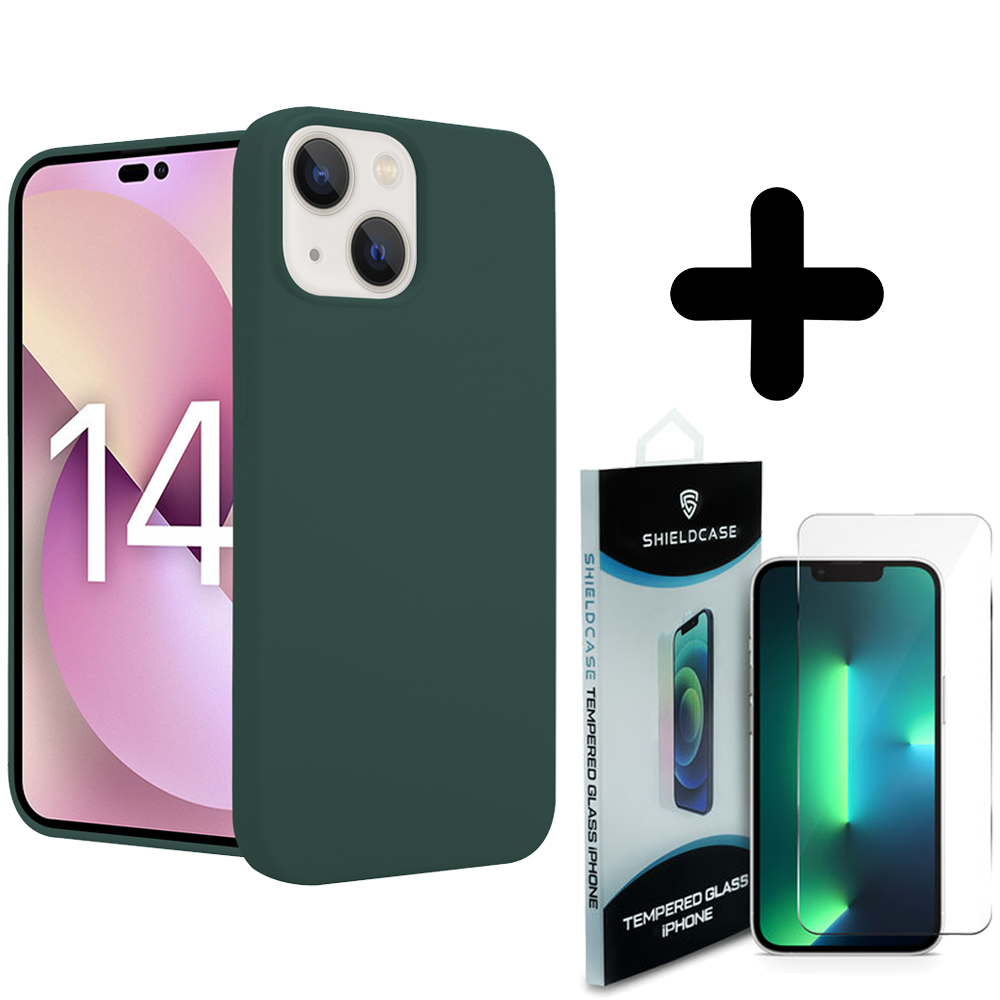 Shieldcase ShieldCase geschikt voor iPhone 14 silicone case (donkergroen) + ShieldCase screenprotector - beschermglas iPhone bescherming - iPhone case bescherm hoesje + Screenprotector