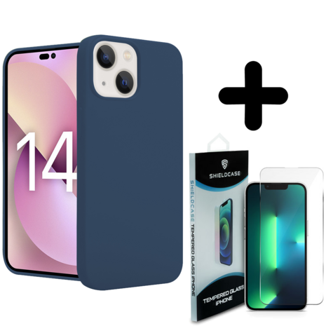 Shieldcase ShieldCase geschikt voor iPhone 14 silicone case (donkerblauw) + ShieldCase screenprotector - beschermglas iPhone bescherming - iPhone case bescherm hoesje + Screenprotector