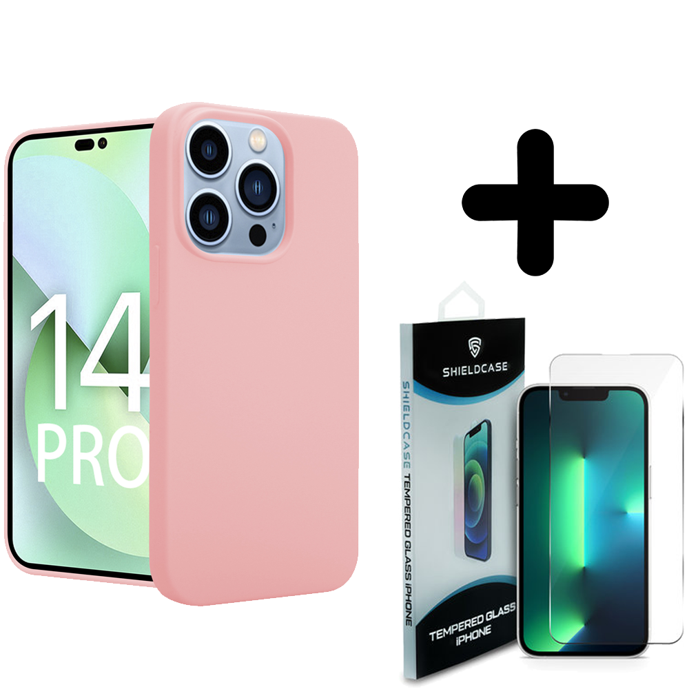 Shieldcase ShieldCase geschikt voor iPhone 14 Pro silicone case (roze) + ShieldCase screenprotector - beschermglas iPhone bescherming - iPhone case bescherm hoesje + Screenprotector