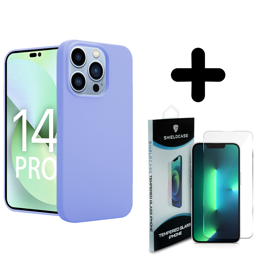 Shieldcase ShieldCase geschikt voor iPhone 14 Pro silicone case (paars) + ShieldCase screenprotector - beschermglas iPhone bescherming - iPhone case bescherm hoesje + Screenprotector
