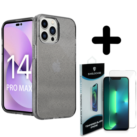 Shieldcase ShieldCase geschikt voor iPhone 14 Pro Max TPU Glitter case (zwart) + ShieldCase screenprotector - beschermglas iPhone bescherming - iPhone case bescherm hoesje + Screenprotector