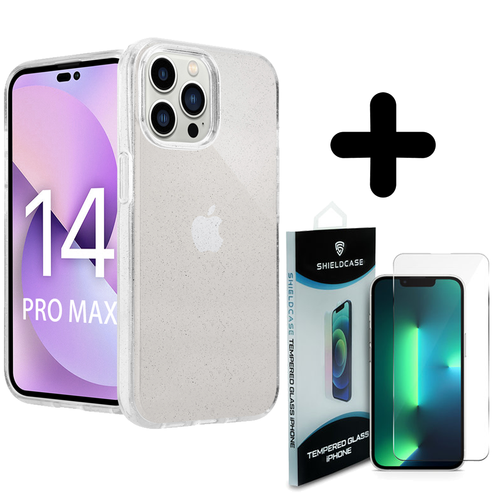 Shieldcase ShieldCase geschikt voor iPhone 14 Pro Max TPU Glitter case (transparant) + ShieldCase screenprotector - beschermglas iPhone bescherming - iPhone case bescherm hoesje + Screenprotector