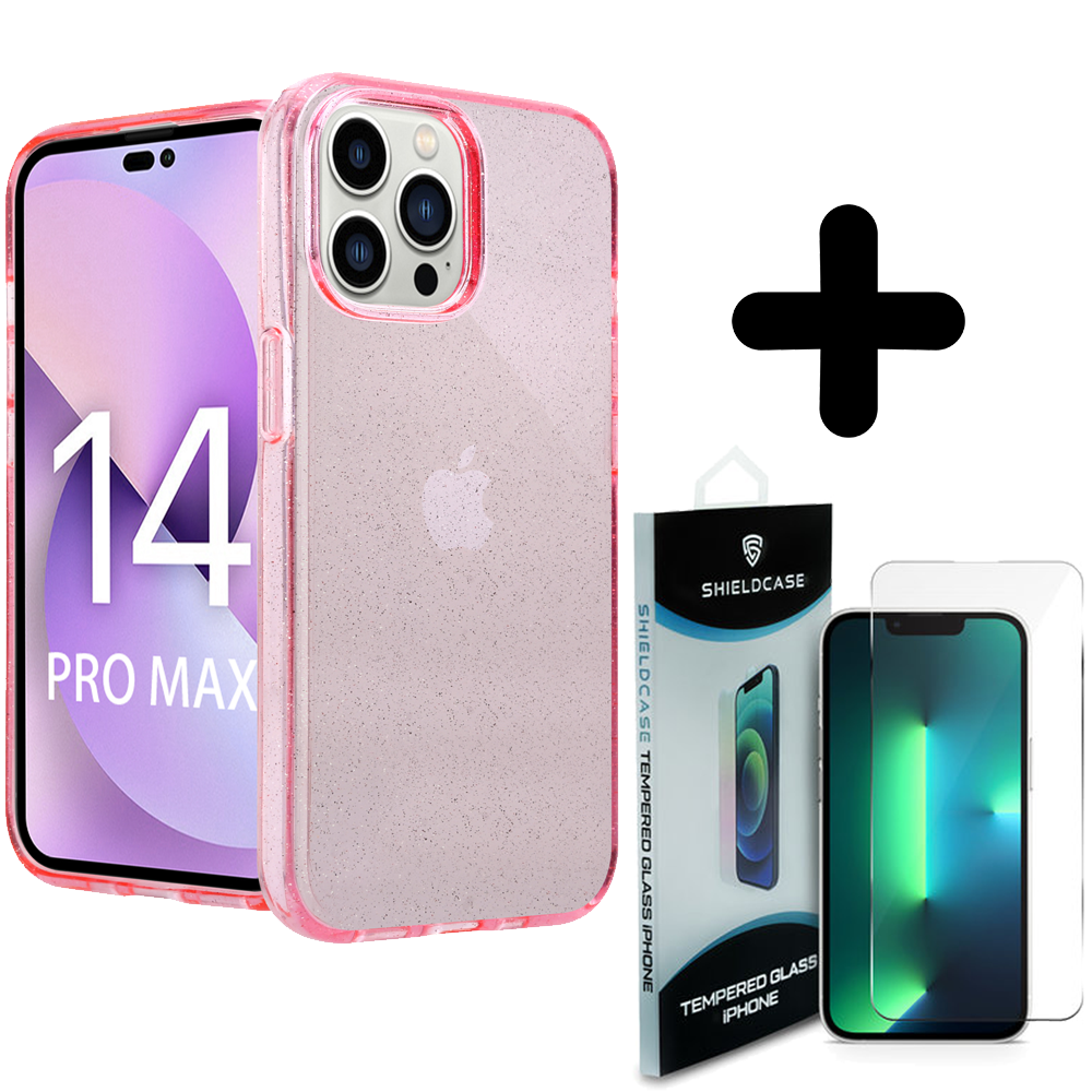 Shieldcase ShieldCase geschikt voor iPhone 14 Pro Max TPU Glitter case (roze) + ShieldCase screenprotector - beschermglas iPhone bescherming - iPhone case bescherm hoesje + Screenprotector