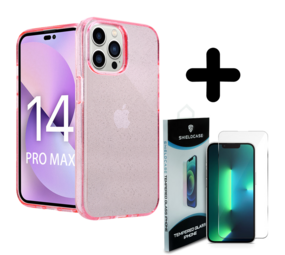 Shieldcase 14 Pro Max TPU Glitter case (roze) + Screenprotector - Batch 1 (05-2023)