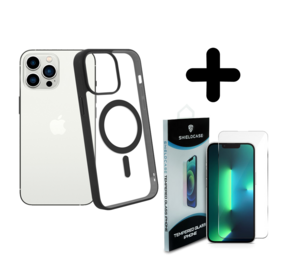 Shieldcase 14 Pro Max Magsafe hoesje transparant gekleurde rand (zwart) + Screenprotector - Batch 1 (05-2023)