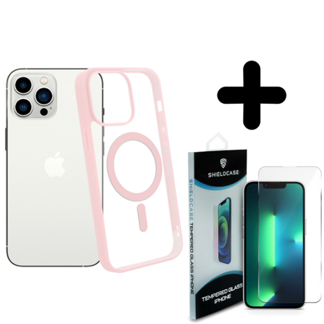 Shieldcase ShieldCase geschikt voor iPhone 14 Pro Magsafe hoesje transparant gekleurde rand (roze) + ShieldCase screenprotector - beschermglas iPhone bescherming - iPhone case bescherm hoesje + Screenprotector