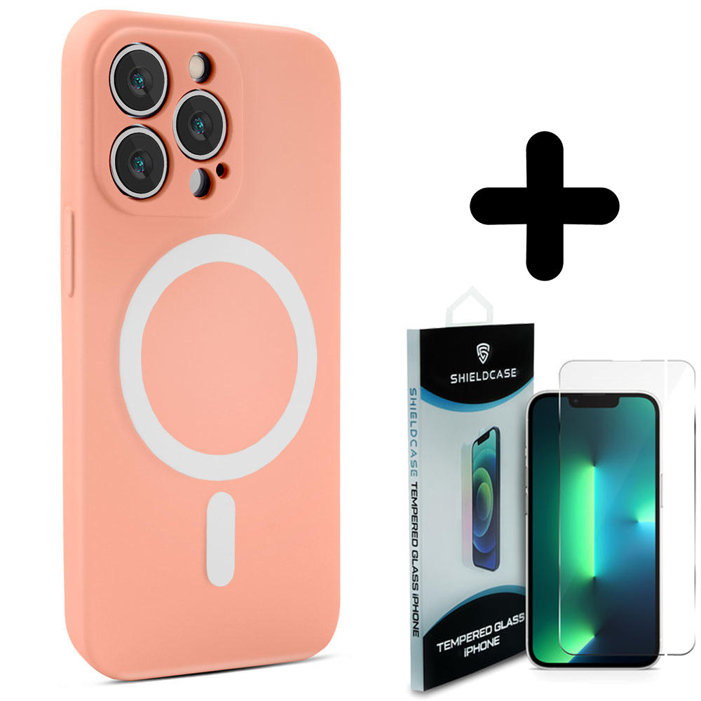 Shieldcase ShieldCase geschikt voor iPhone 14 Pro Magsafe hoesje siliconen zijde (roze) + ShieldCase screenprotector - beschermglas iPhone bescherming - iPhone case bescherm hoesje + Screenprotector