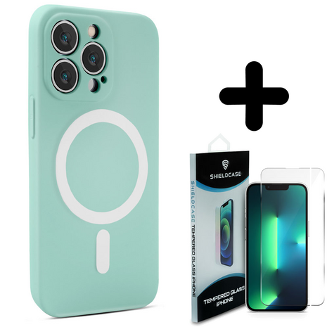 Shieldcase ShieldCase geschikt voor iPhone 14 Pro Max Magsafe hoesje siliconen zijde (mintgroen) + ShieldCase screenprotector - beschermglas iPhone bescherming - iPhone case bescherm hoesje + Screenprotector
