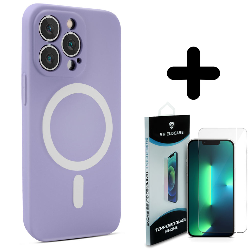 Shieldcase ShieldCase geschikt voor iPhone 14 Pro Max Magsafe hoesje siliconen zijde (lila) + ShieldCase screenprotector - beschermglas iPhone bescherming - iPhone case bescherm hoesje + Screenprotector