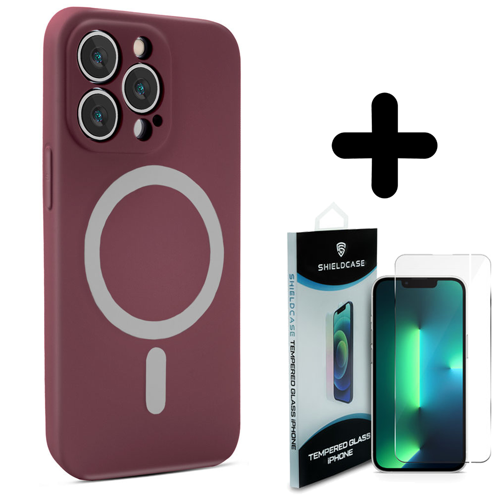 Shieldcase ShieldCase geschikt voor iPhone 14 Pro Max Magsafe hoesje siliconen zijde (bordeaux) + ShieldCase screenprotector - beschermglas iPhone bescherming - iPhone case bescherm hoesje + Screenprotector