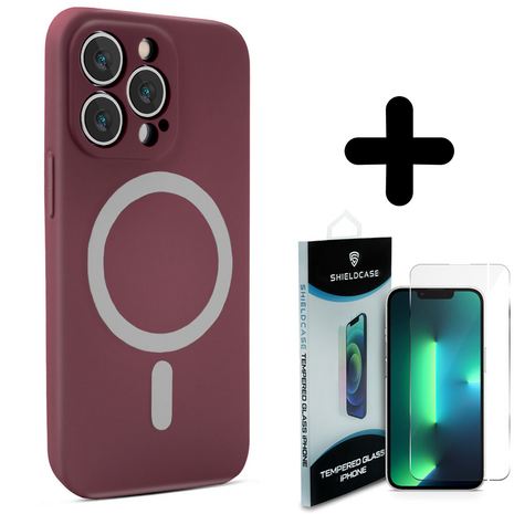 Shieldcase ShieldCase geschikt voor iPhone 14 Pro Max Magsafe hoesje siliconen zijde (bordeaux) + ShieldCase screenprotector - beschermglas iPhone bescherming - iPhone case bescherm hoesje + Screenprotector