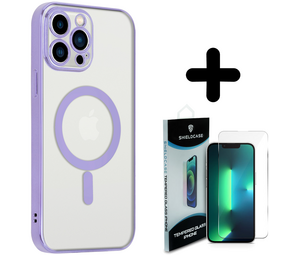 Shieldcase 14 Pro Max hoesje transparant Magsafe metal coating (paars) + Screenprotector - Batch 1 (05-2023)