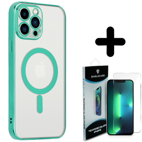Shieldcase ShieldCase geschikt voor iPhone 14 Pro Max hoesje transparant Magsafe metal coating (groen) + ShieldCase screenprotector - beschermglas iPhone bescherming - iPhone case bescherm hoesje + Screenprotector