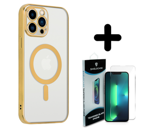 Shieldcase 14 Pro Max hoesje transparant Magsafe metal coating (goud) + Screenprotector - Batch 1 (05-2023)