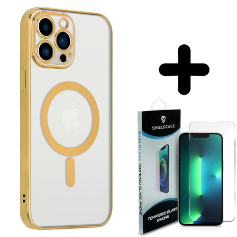 Shieldcase ShieldCase geschikt voor iPhone 14 Pro Max hoesje transparant Magsafe metal coating (goud) + ShieldCase screenprotector - beschermglas iPhone bescherming - iPhone case bescherm hoesje + Screenprotector