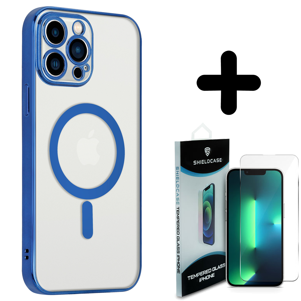Shieldcase ShieldCase geschikt voor iPhone 14 Pro hoesje transparant Magsafe metal coating (donkerblauw) + ShieldCase screenprotector - beschermglas iPhone bescherming - iPhone case bescherm hoesje + Screenprotector