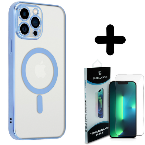 Shieldcase ShieldCase geschikt voor iPhone 14 Pro hoesje transparant Magsafe metal coating (blauw) + ShieldCase screenprotector - beschermglas iPhone bescherming - iPhone case bescherm hoesje + Screenprotector