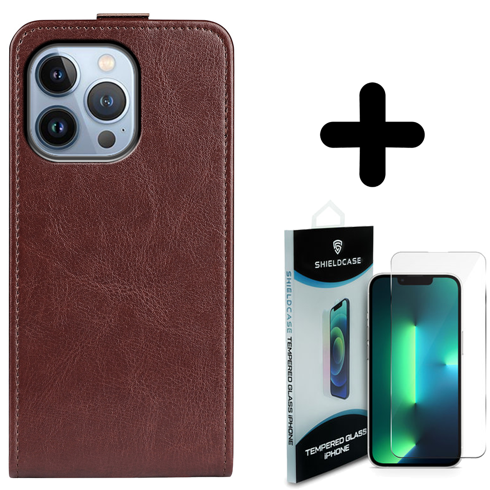 Shieldcase ShieldCase geschikt voor iPhone 14 Pro Flip case bruin leer + ShieldCase screenprotector - beschermglas iPhone bescherming - iPhone case bescherm hoesje + Screenprotector