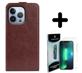 Shieldcase 14 Pro Flip case bruin leer  + Screenprotector - Batch 1 (05-2023)