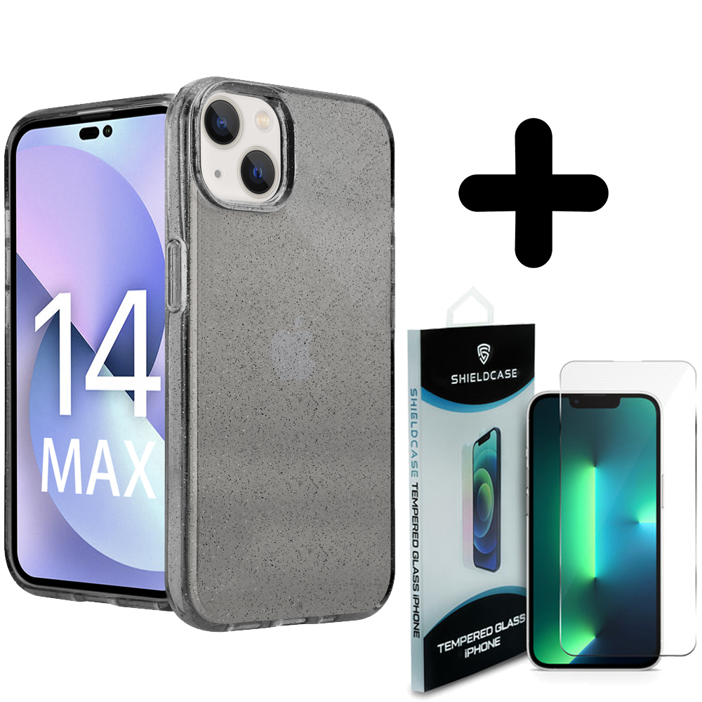 Shieldcase ShieldCase geschikt voor iPhone 14 Plus TPU Glitter case (zwart) + ShieldCase screenprotector - beschermglas iPhone bescherming - iPhone case bescherm hoesje + Screenprotector