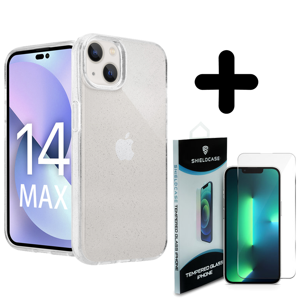 Shieldcase ShieldCase geschikt voor iPhone 14 Plus TPU Glitter case (transparant) + ShieldCase screenprotector - beschermglas iPhone bescherming - iPhone case bescherm hoesje + Screenprotector