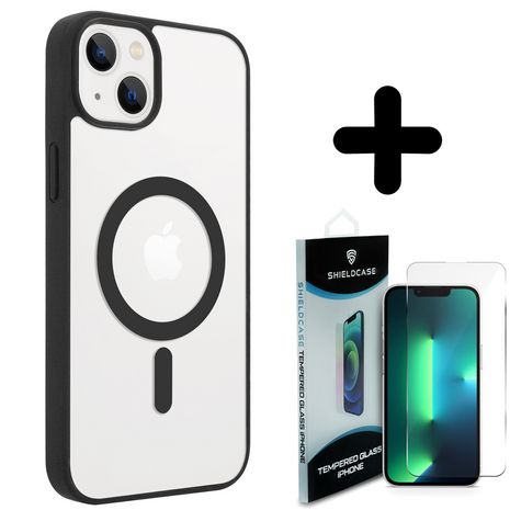 Shieldcase ShieldCase geschikt voor iPhone 14 Magsafe hoesje transparant gekleurde rand (zwart) + ShieldCase screenprotector - beschermglas iPhone bescherming - iPhone case bescherm hoesje + Screenprotector