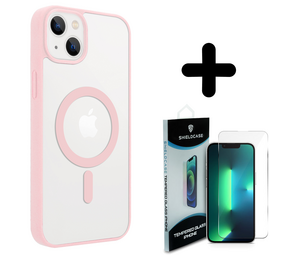 Shieldcase 14 Magsafe hoesje transparant gekleurde rand (roze) + Screenprotector - Batch 1 (05-2023)