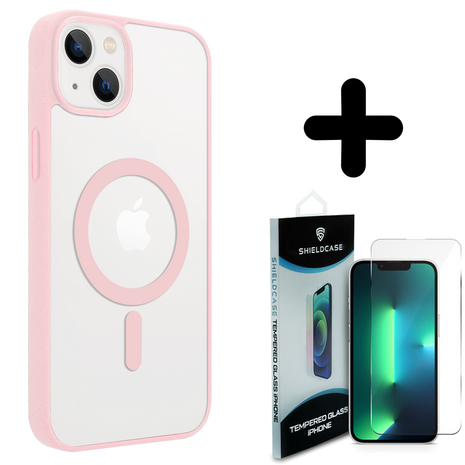 Shieldcase ShieldCase geschikt voor iPhone 14 Magsafe hoesje transparant gekleurde rand (roze) + ShieldCase screenprotector - beschermglas iPhone bescherming - iPhone case bescherm hoesje + Screenprotector