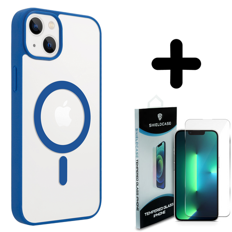 Shieldcase ShieldCase geschikt voor iPhone 14 Plus Magsafe hoesje transparant gekleurde rand (blauw) + ShieldCase screenprotector - beschermglas iPhone bescherming - iPhone case bescherm hoesje + Screenprotector