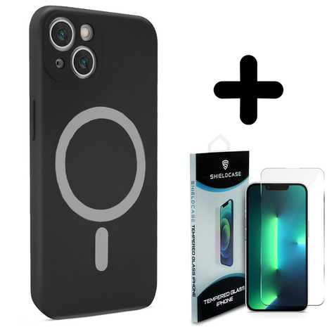 Shieldcase ShieldCase geschikt voor iPhone 14 Plus Magsafe hoesje siliconen zijde (zwart) + ShieldCase screenprotector - beschermglas iPhone bescherming - iPhone case bescherm hoesje + Screenprotector
