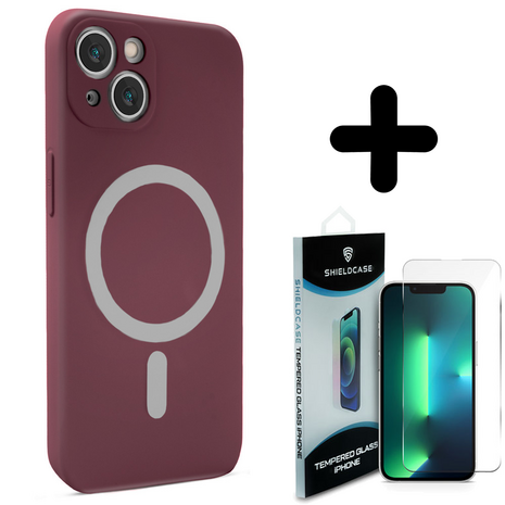 Shieldcase ShieldCase geschikt voor iPhone 14 Magsafe hoesje siliconen zijde (bordeaux) + ShieldCase screenprotector - beschermglas iPhone bescherming - iPhone case bescherm hoesje + Screenprotector