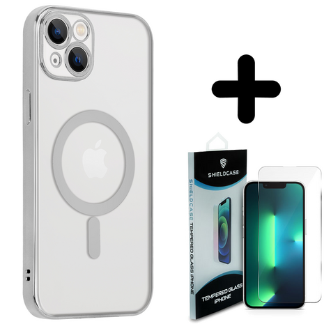 Shieldcase ShieldCase geschikt voor iPhone 14 Plus hoesje transparant Magsafe metal coating (zilver) + ShieldCase screenprotector - beschermglas iPhone bescherming - iPhone case bescherm hoesje + Screenprotector