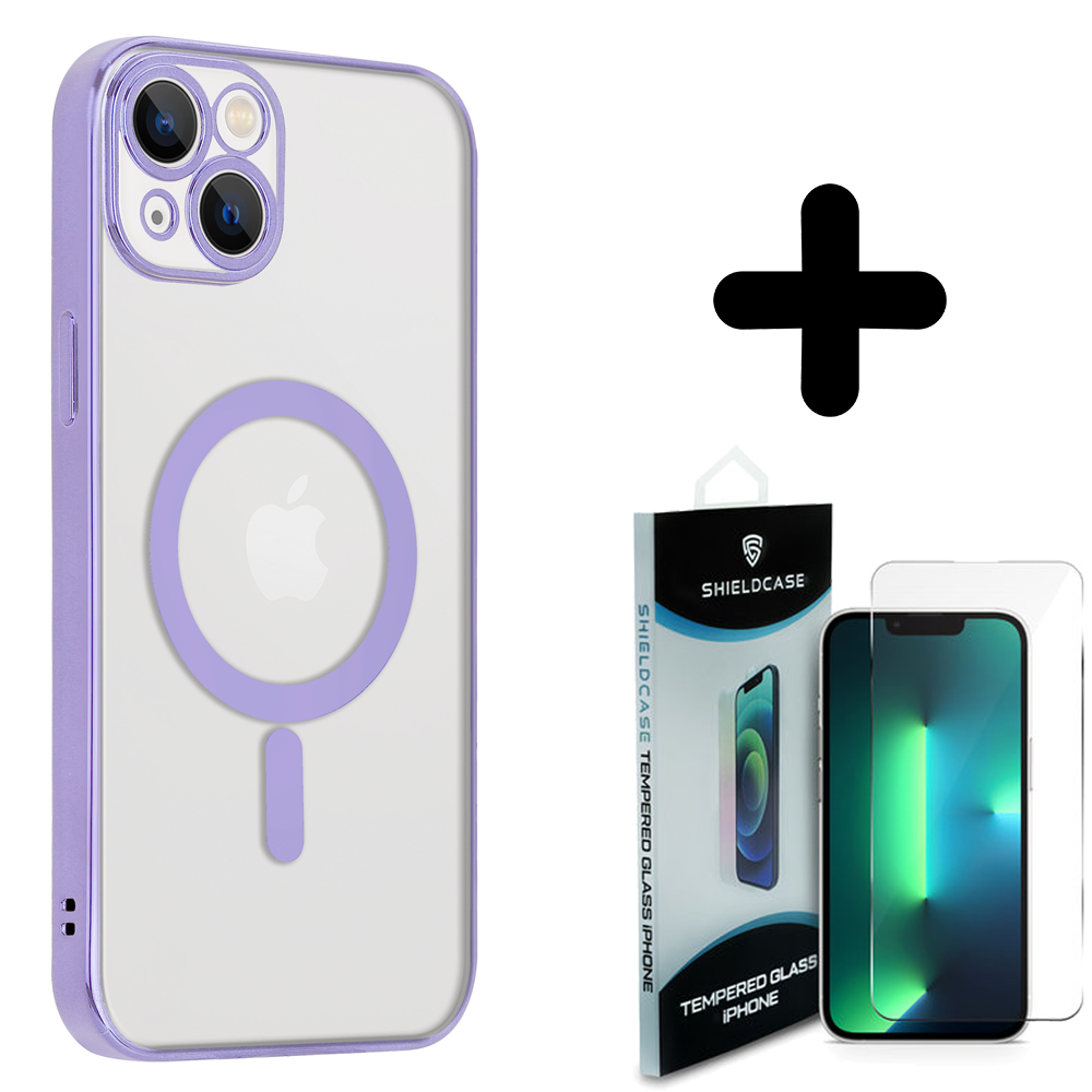 Shieldcase ShieldCase geschikt voor iPhone 14 Plus hoesje transparant Magsafe metal coating (paars) + ShieldCase screenprotector - beschermglas iPhone bescherming - iPhone case bescherm hoesje + Screenprotector