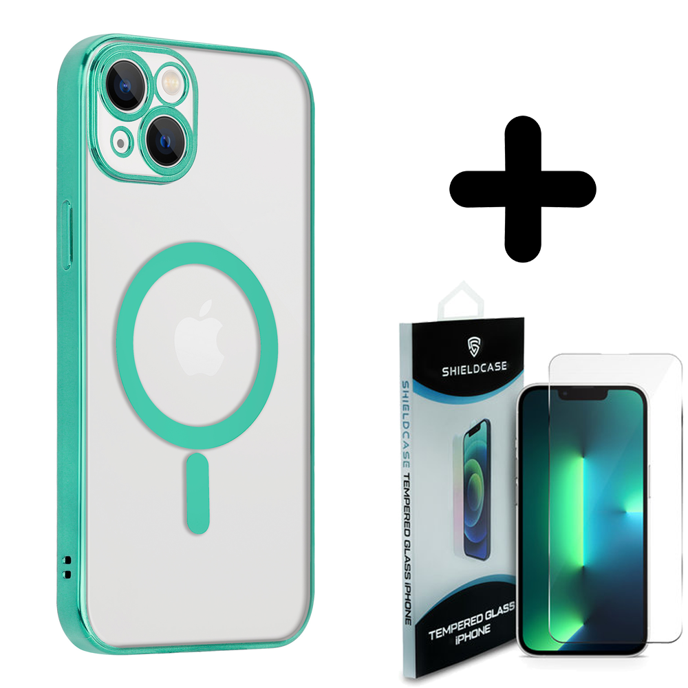 Shieldcase ShieldCase geschikt voor iPhone 14 Plus hoesje transparant Magsafe metal coating (groen) + ShieldCase screenprotector - beschermglas iPhone bescherming - iPhone case bescherm hoesje + Screenprotector