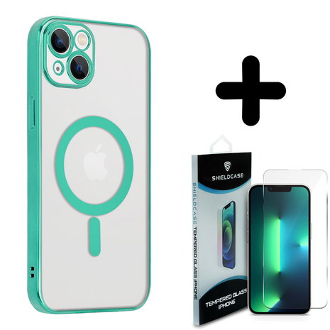 Shieldcase ShieldCase geschikt voor iPhone 14 Plus hoesje transparant Magsafe metal coating (groen) + ShieldCase screenprotector - beschermglas iPhone bescherming - iPhone case bescherm hoesje + Screenprotector