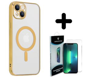 Shieldcase 14 Plus hoesje transparant Magsafe metal coating (goud) + Screenprotector - Batch 1 (05-2023)