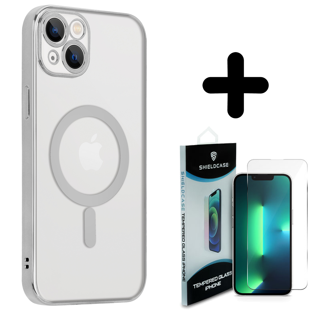 Shieldcase ShieldCase geschikt voor iPhone 14 hoesje transparant Magsafe metal coating (zilver) + ShieldCase screenprotector - beschermglas iPhone bescherming - iPhone case bescherm hoesje + Screenprotector