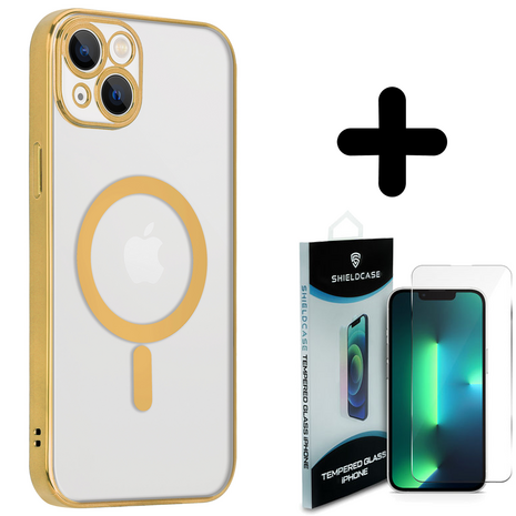 Shieldcase ShieldCase geschikt voor iPhone 14 hoesje transparant Magsafe metal coating (goud) + ShieldCase screenprotector - beschermglas iPhone bescherming - iPhone case bescherm hoesje + Screenprotector