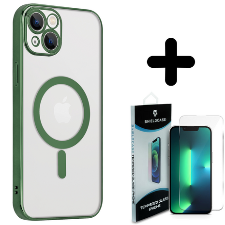 Shieldcase ShieldCase geschikt voor iPhone 14 hoesje transparant Magsafe metal coating (donkergroen) + ShieldCase screenprotector - beschermglas iPhone bescherming - iPhone case bescherm hoesje + Screenprotector