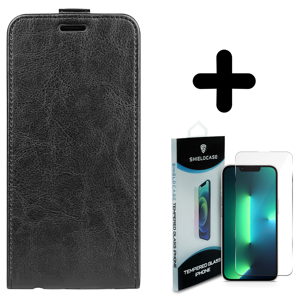 Shieldcase ShieldCase geschikt voor iPhone 14 Plus Flip case zwart leer + ShieldCase screenprotector - beschermglas iPhone bescherming - iPhone case bescherm hoesje + Screenprotector