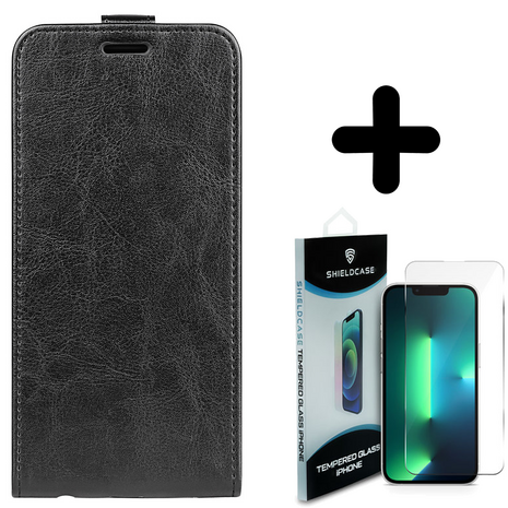 Shieldcase ShieldCase geschikt voor iPhone 14 Plus Flip case zwart leer + ShieldCase screenprotector - beschermglas iPhone bescherming - iPhone case bescherm hoesje + Screenprotector