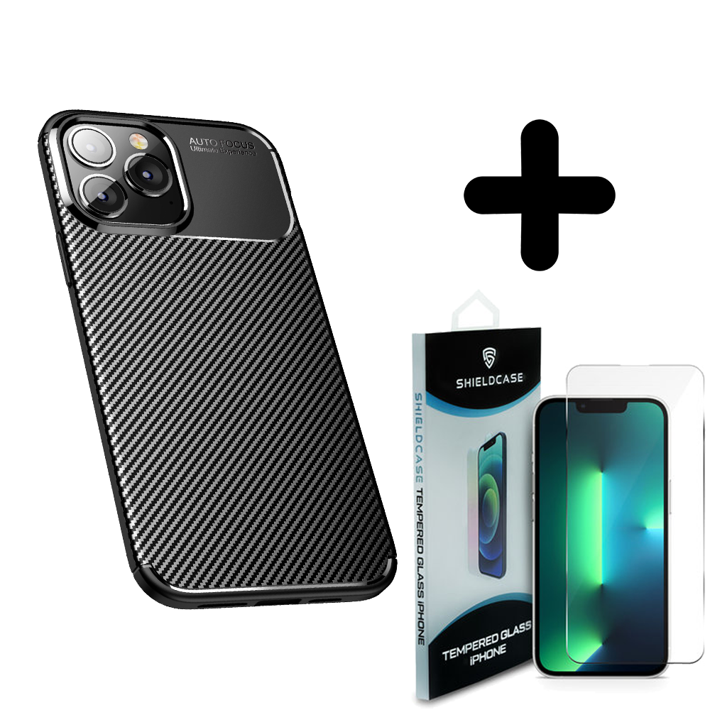 Shieldcase ShieldCase geschikt voor iPhone 14 Carbon Fiber Case (zwart) + ShieldCase screenprotector - beschermglas iPhone bescherming - iPhone case bescherm hoesje + Screenprotector