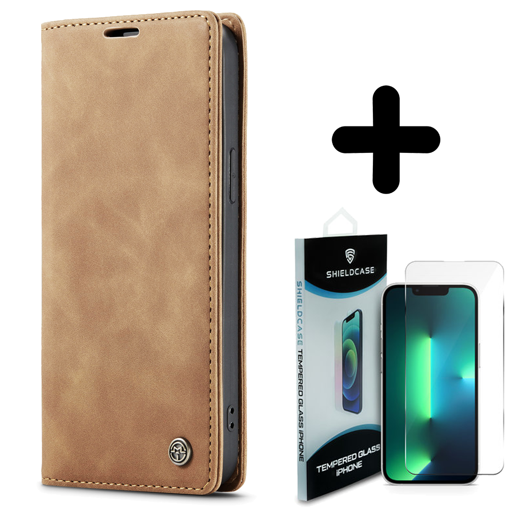 Shieldcase Shieldcase geschikt voor iPhone 14 bookcase (coffee) + ShieldCase screenprotector - beschermglas iPhone bescherming - iPhone case bescherm hoesje + Screenprotector