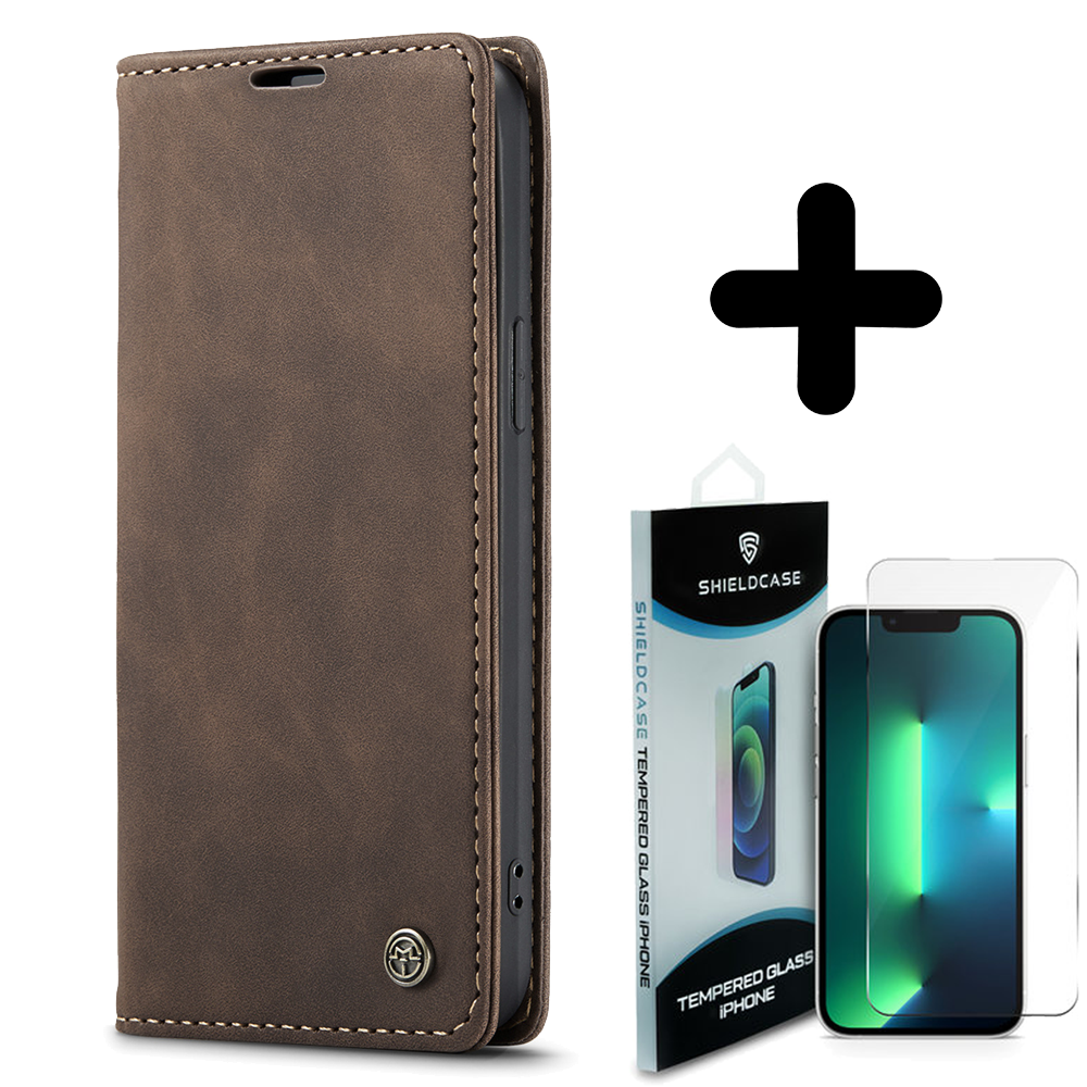 Shieldcase Shieldcase geschikt voor iPhone 14 bookcase (bruin) + ShieldCase screenprotector - beschermglas iPhone bescherming - iPhone case bescherm hoesje + Screenprotector